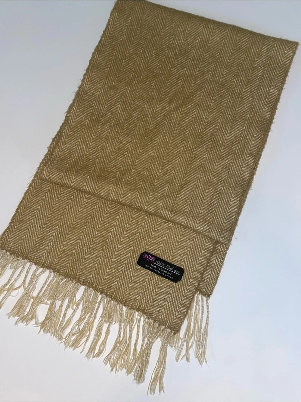 Vintage 100% Cashmere Herringbone Scarf Made in Scotland Tan Taupe Camel Fringe